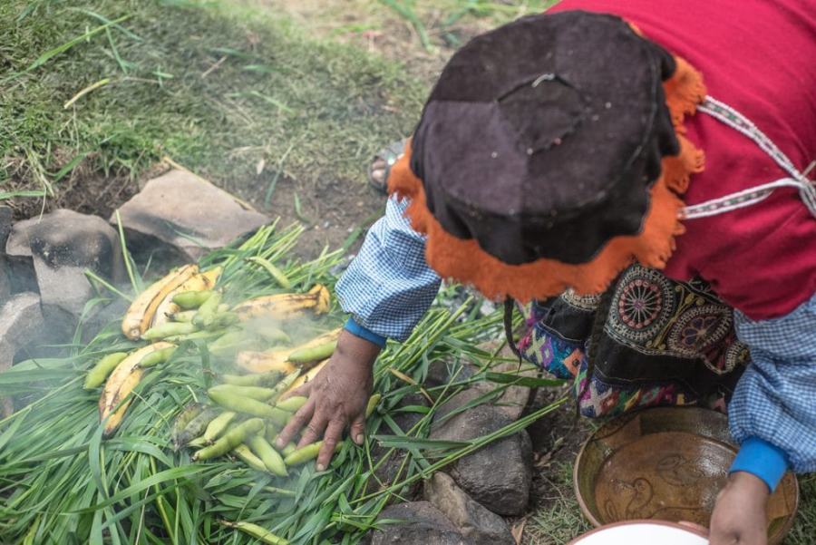 Pachamanca dining experience in Peru - Plantains and beans steamed over the Pachamanca