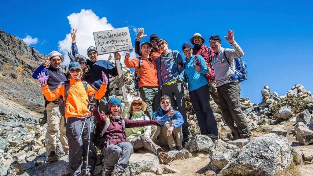 Trekking group crosses the Salkantay Pass on this Inca Trail alternative