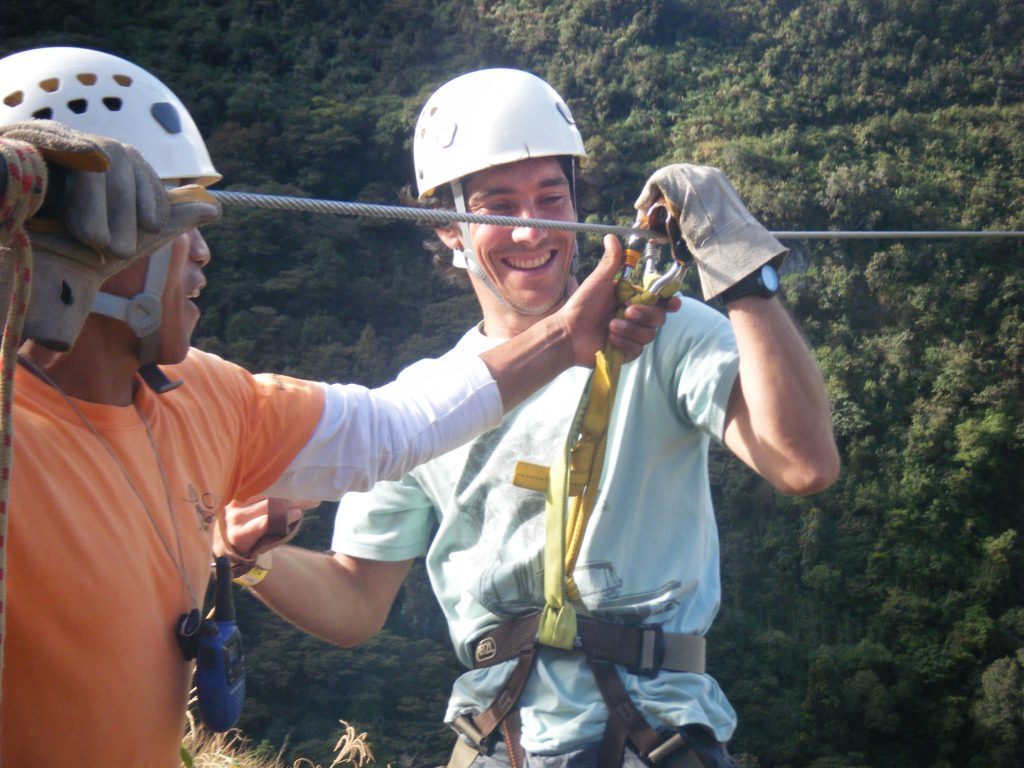 Inca Jungle Trail - Getting on the zipline.