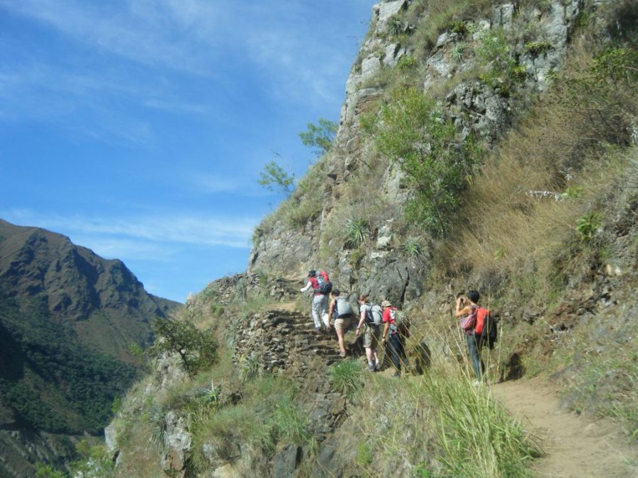 Inca Jungle Trail - A line of trekkers head up a narrow mountainside path.