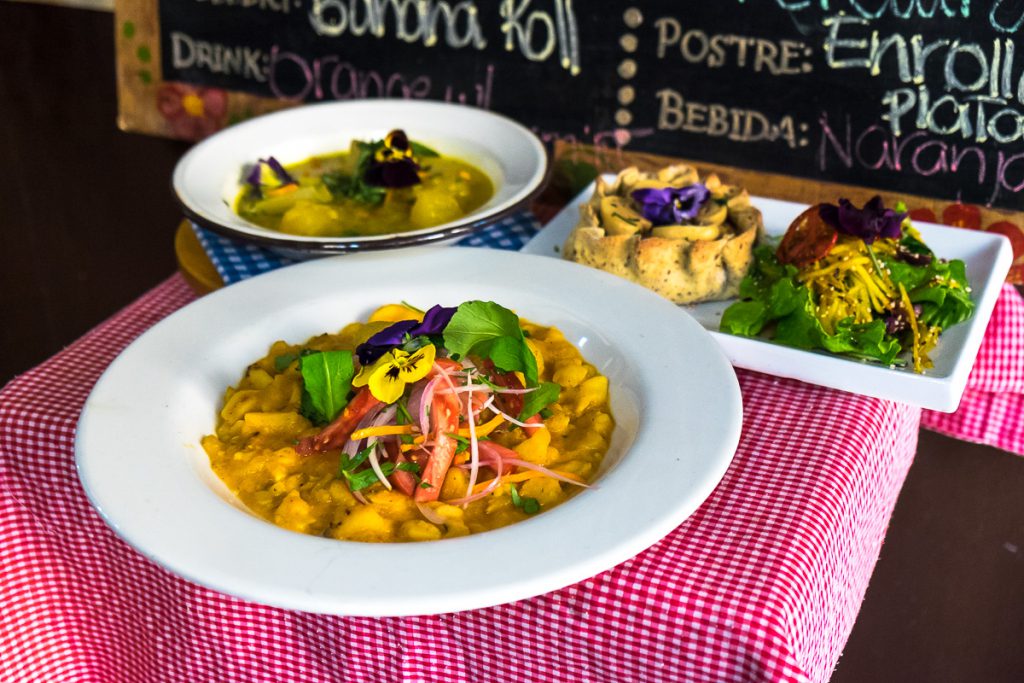 Plates of colourful vegan food at Green Point, Cusco.