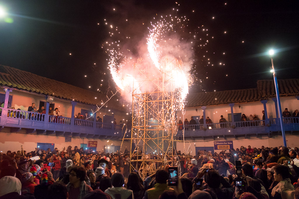 Fireworks display in Paucartambo's main plaza